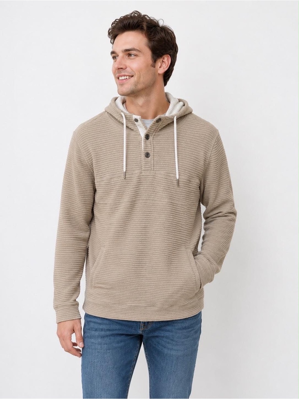 Departwest Men’s Medium Beige Ribbed Hooded Pullover Henley Hoodie